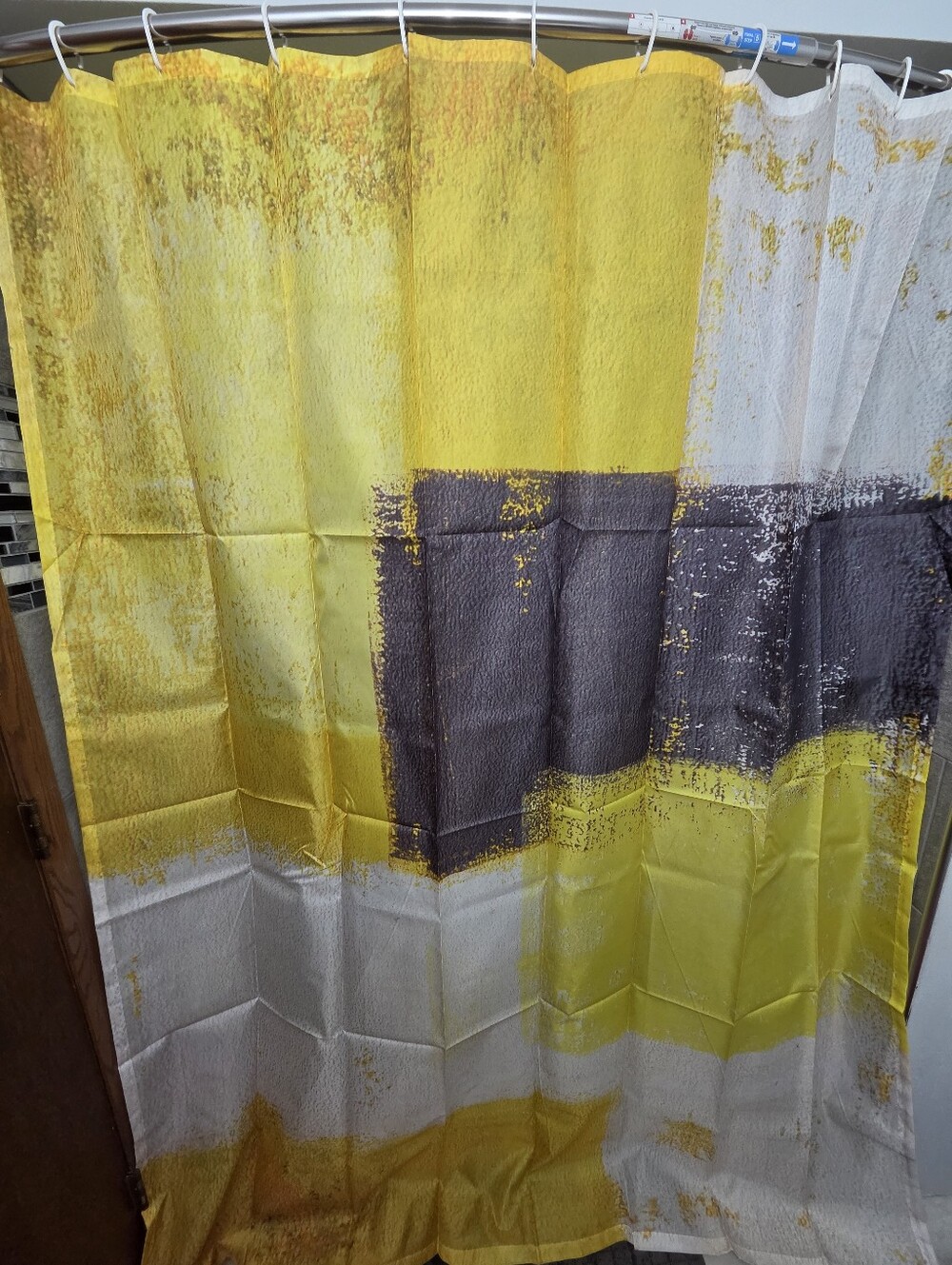 Water Resistant Fabric Shower Curtain With Yellow And Gray Abstract Print